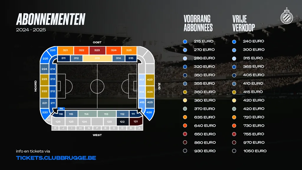 <p><em>Hierboven staat de visual met de reguliere prijzen. Let op: alle prijzen zijn exclusief Club Brugge membership</em></p>