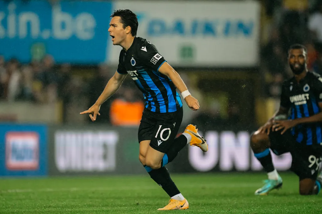 <p>Vetlesen celebrating his first official goal for Club Bruges.</p>